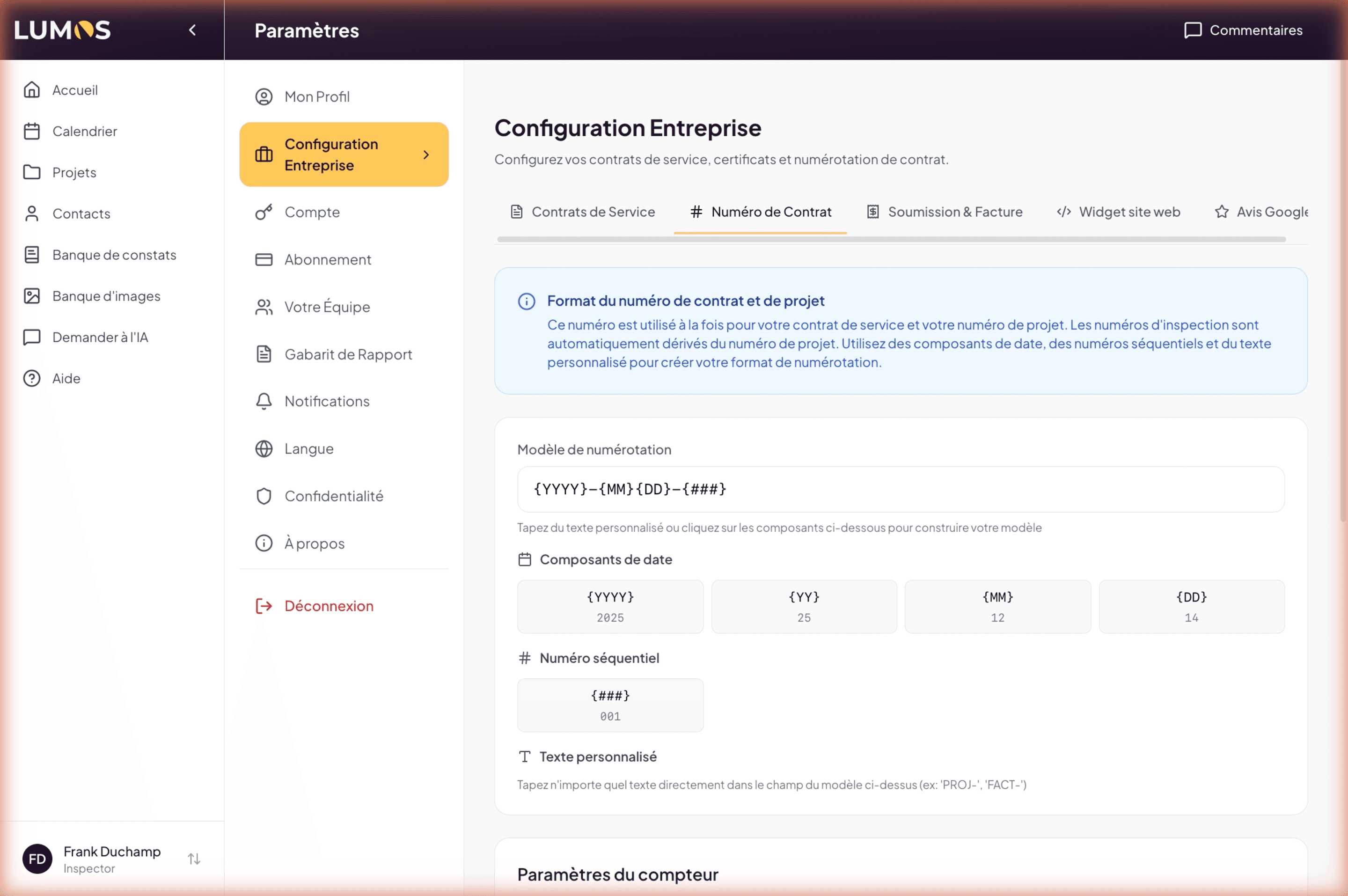 Contract Number tab with template builder, counter settings, and preview