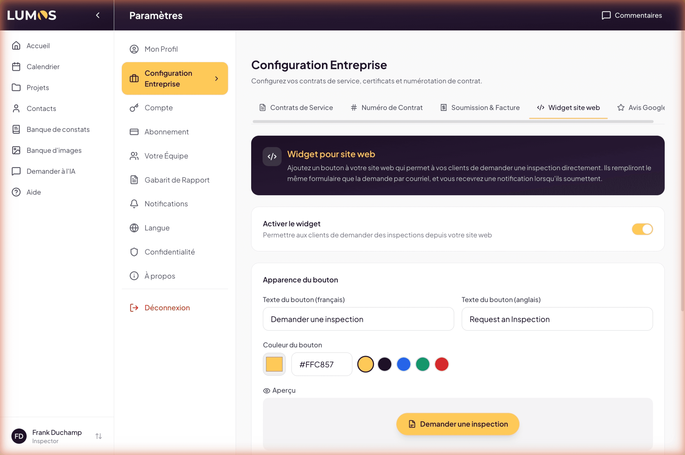 Website Widget tab with button configuration and live preview
