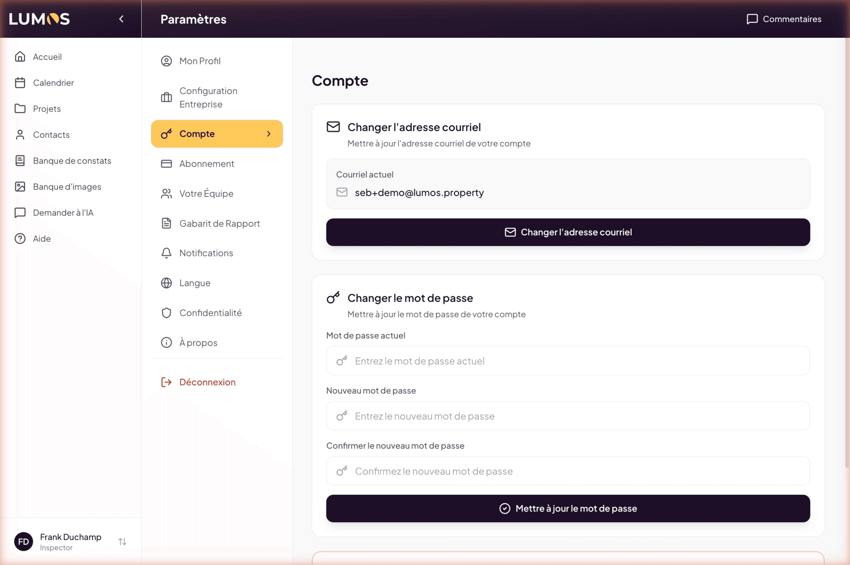 Account page with the 3 sections (change email, change password, delete account)