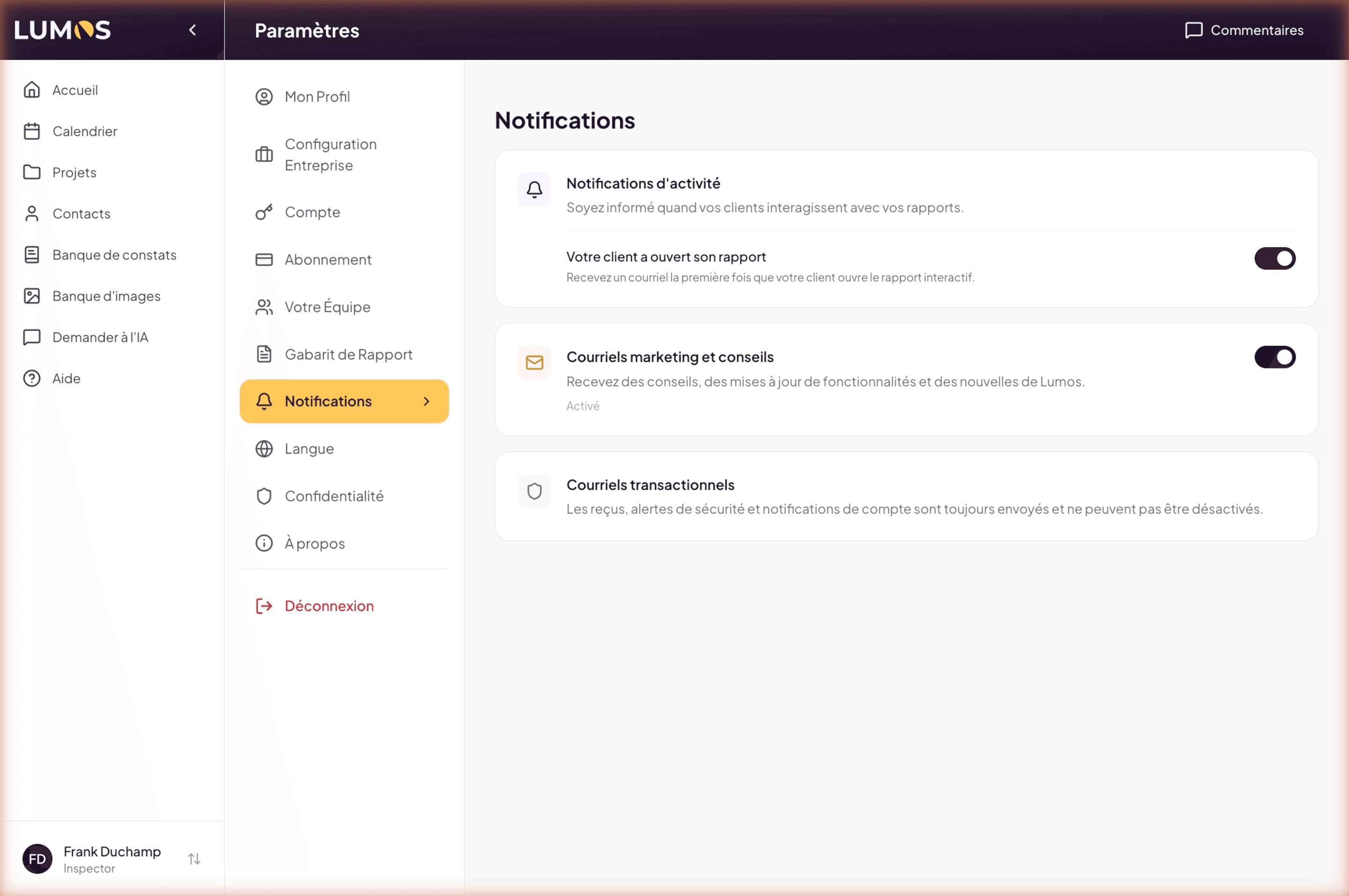 Notifications page with the 3 sections (activity, marketing, transactional)