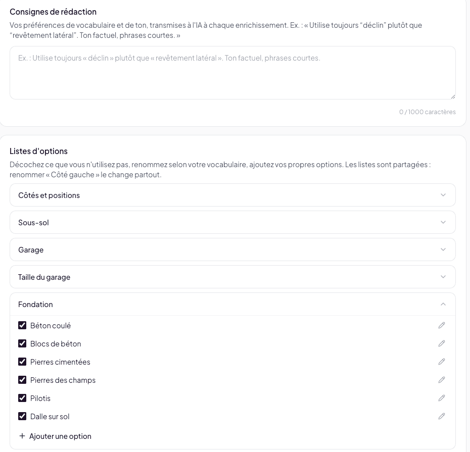 Foundation list expanded with its checkboxes and rename pencils