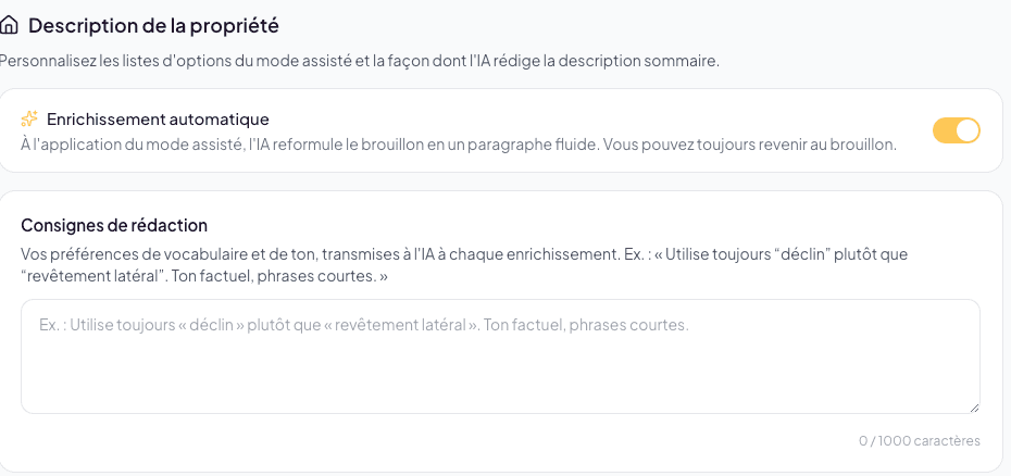 Property description section: automatic enhancement and writing instructions