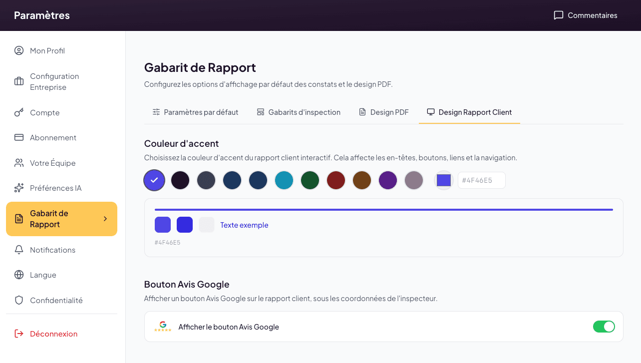 Onglet Design Rapport Client — palette de couleurs d'accent et toggle Bouton Avis Google