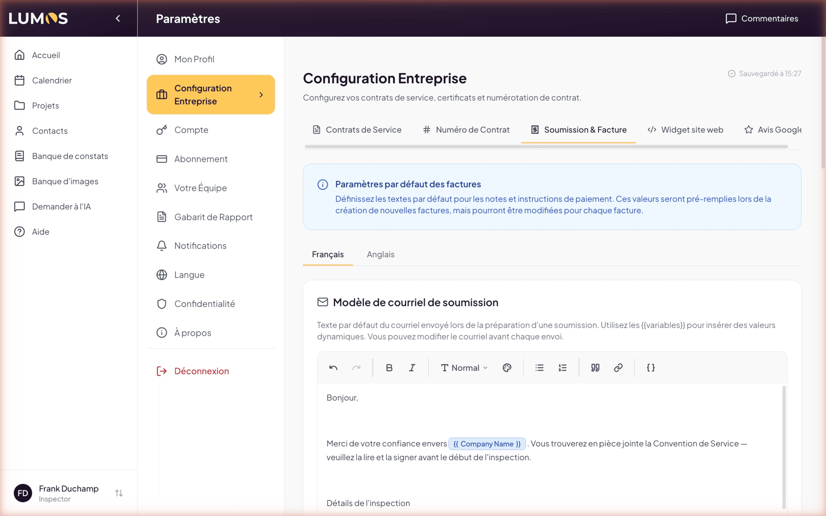 Business Configuration > Quote & Invoice page with tabs and configuration sections