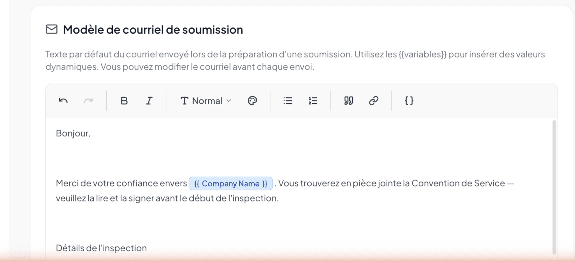 Rich editor for the email template with toolbar and variables shown as chips