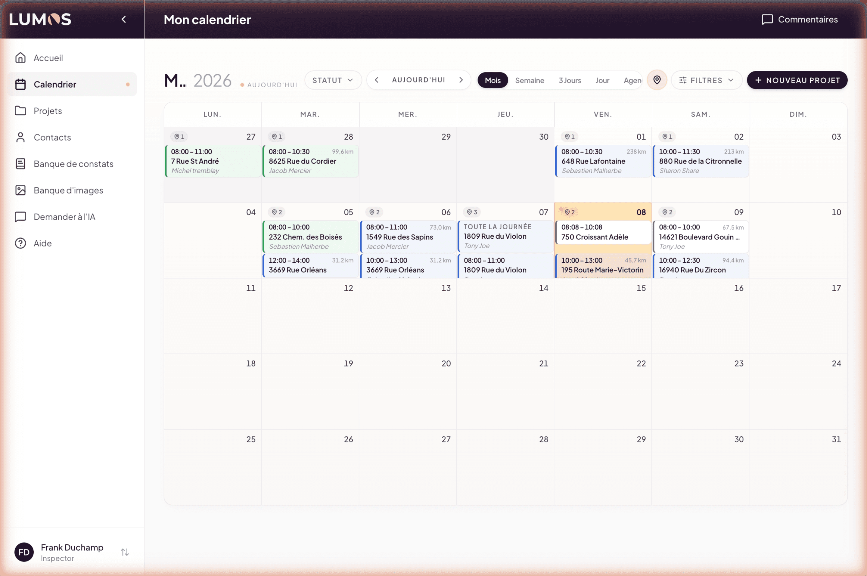 Lumos Calendar Month view with scheduled inspections and Today indicator