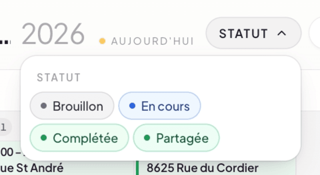 Status filter chips above the calendar
