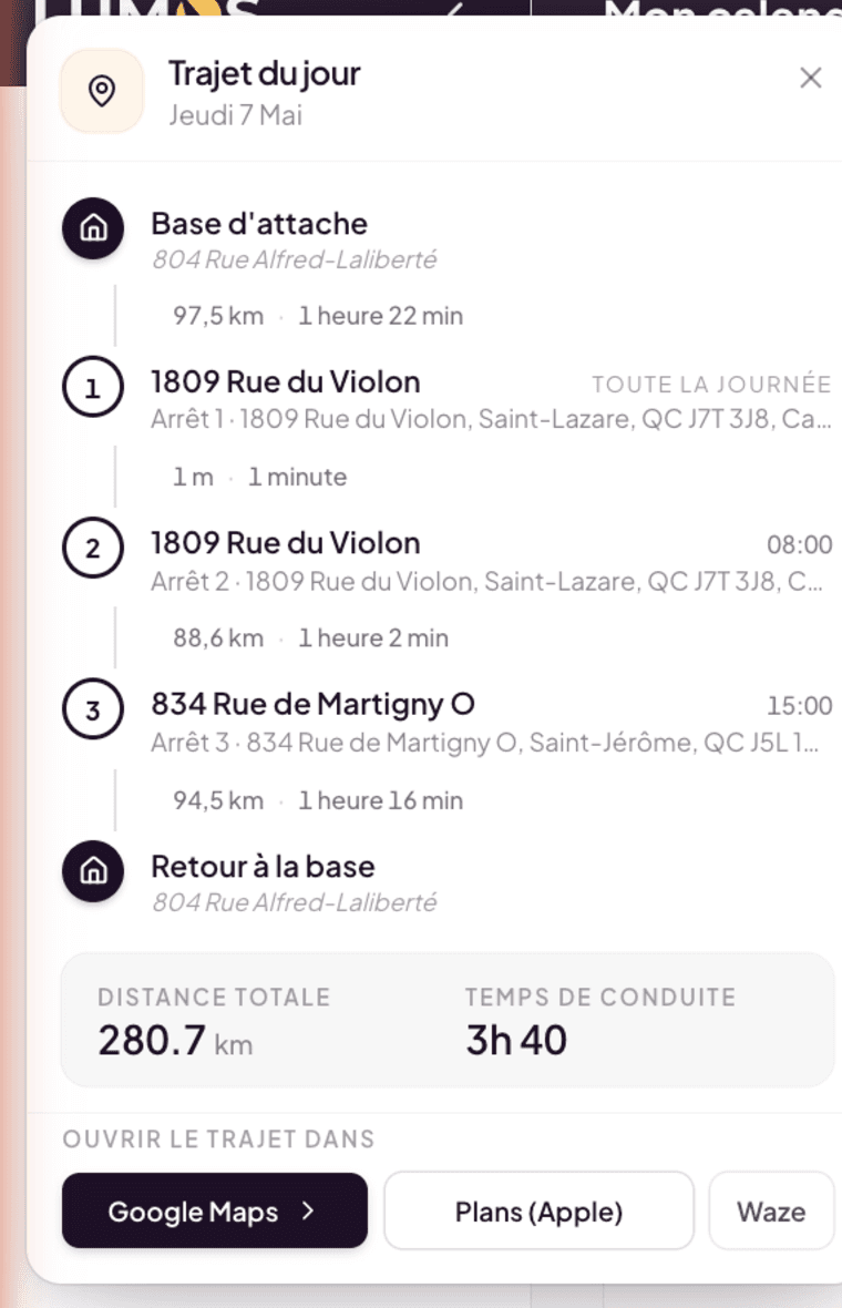Daily route popup with home base, numbered stops, total distance and export buttons