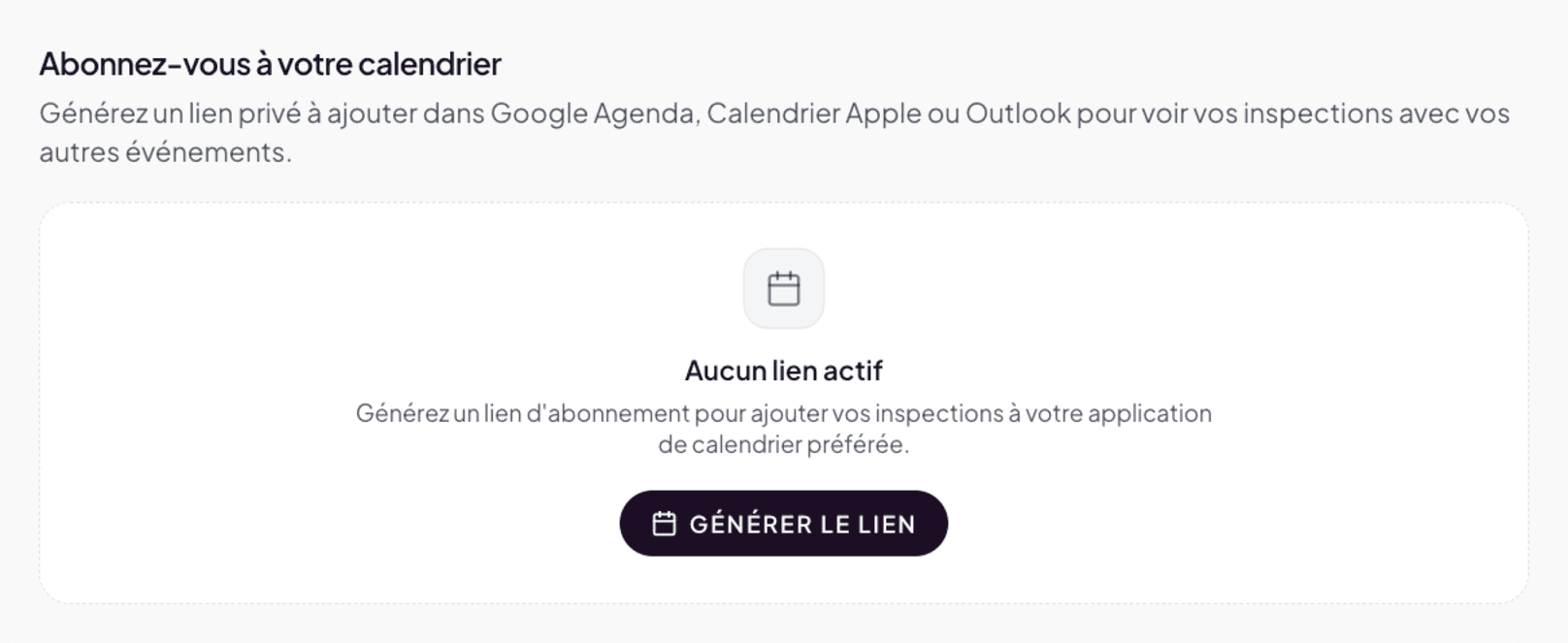 External calendar subscription section with ICS link, Copy button and Regenerate link button