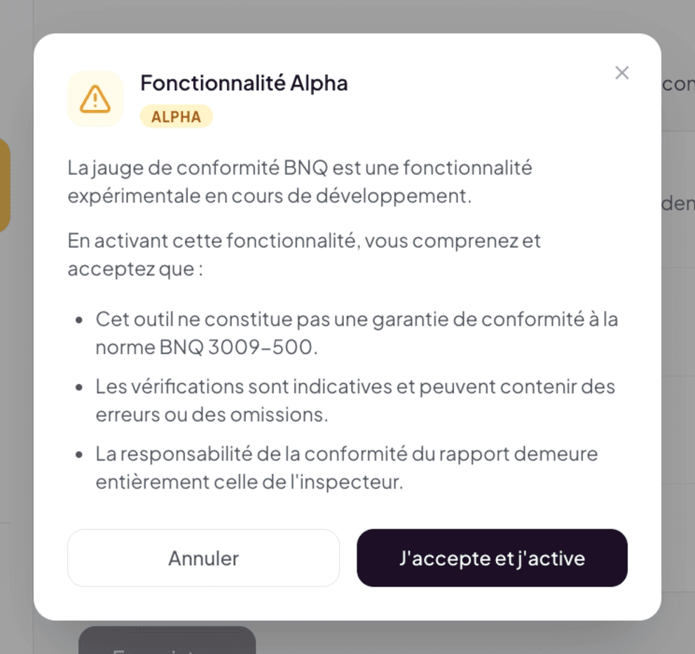 Alpha Feature modal with warning icon and Cancel / I accept and enable buttons