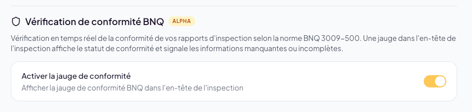 BNQ Compliance Verification section with ALPHA chip and enable toggle