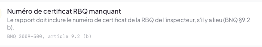 Issue row in the Compliance modal with warning icon, title, BNQ reference and navigation chevron