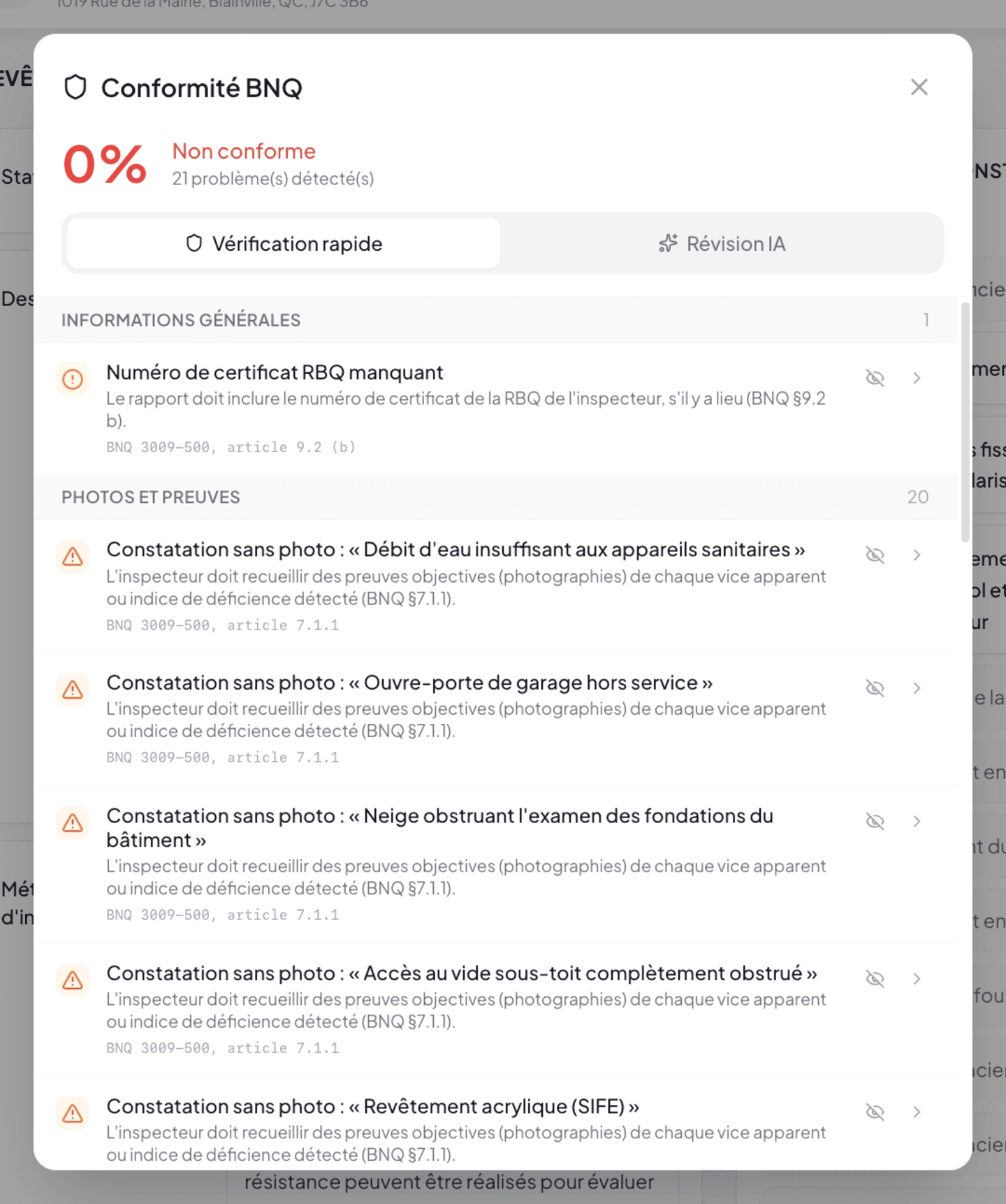 BNQ Compliance modal open on the Quick Check tab with issues grouped by category