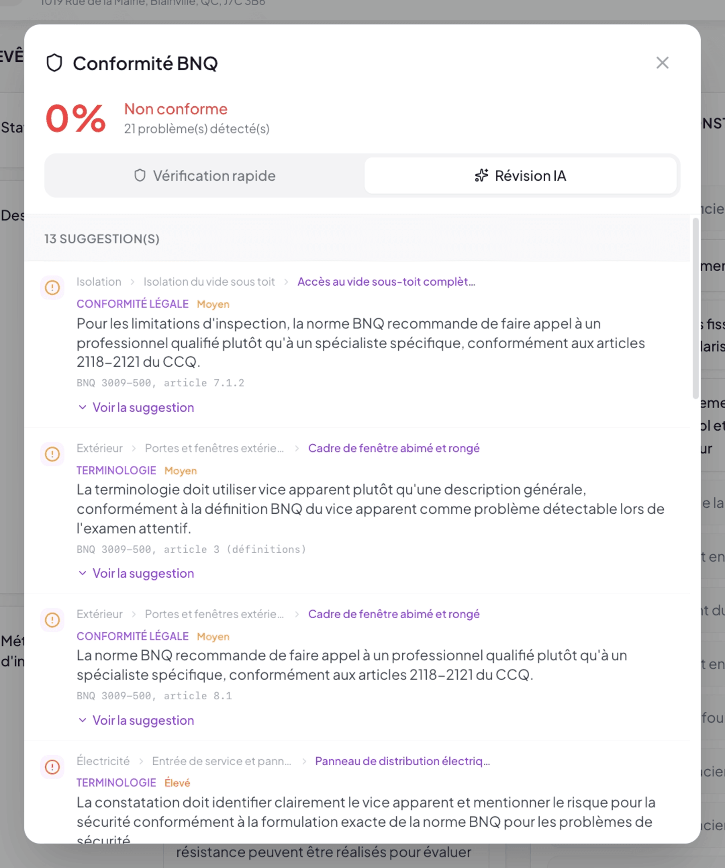 BNQ Compliance modal open on the AI Review tab with suggestions list