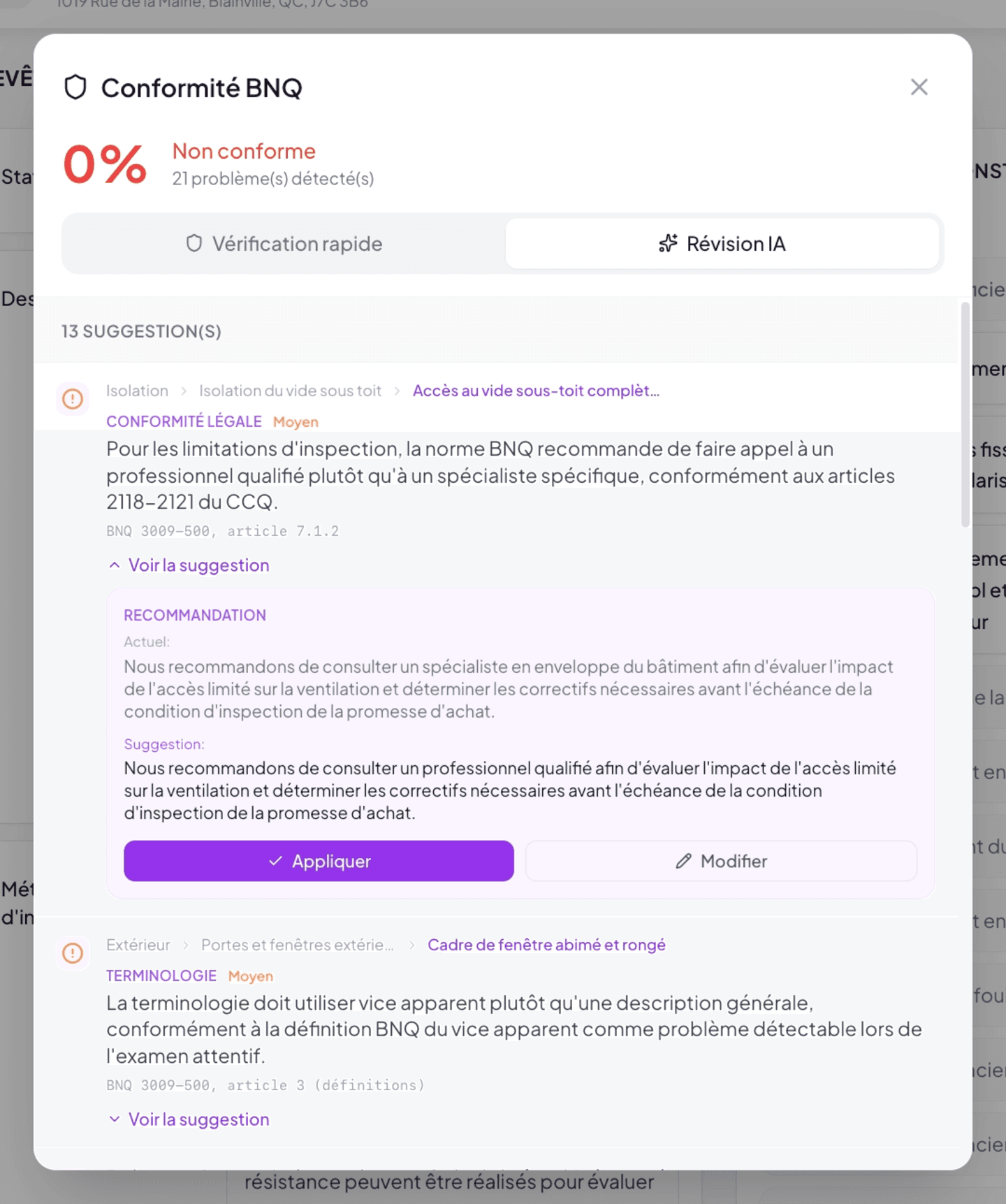 Suggestion expand view: Current vs Suggestion blocks with AI reasoning and Apply/Edit buttons