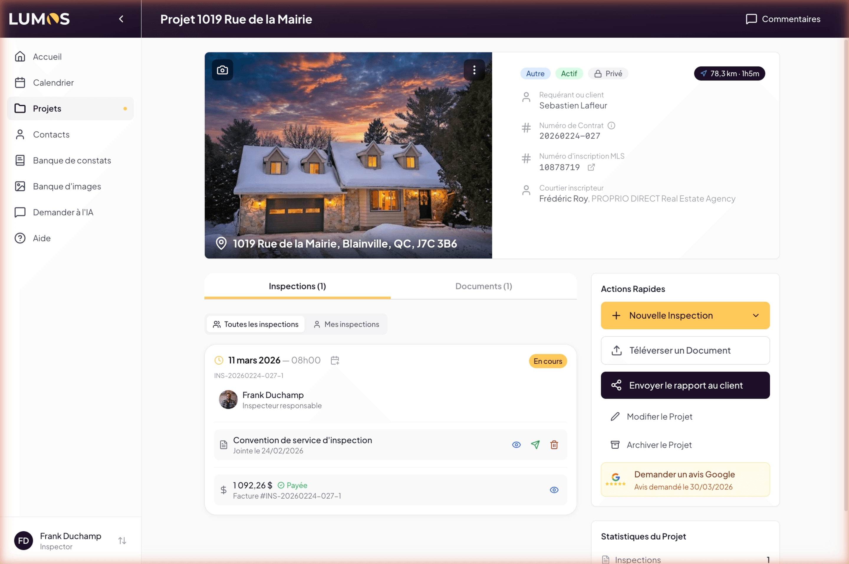 Inspection page with Agreement and Quote documents listed