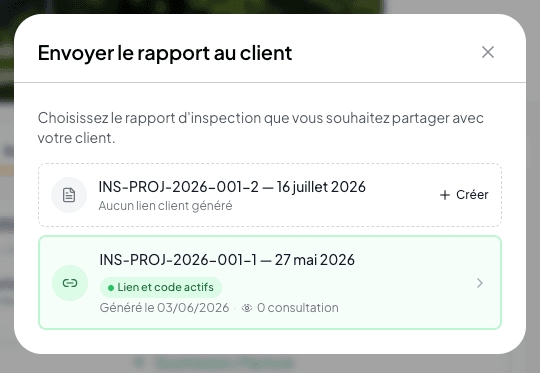 Chooser modal listing inspections with the Active link and code badge