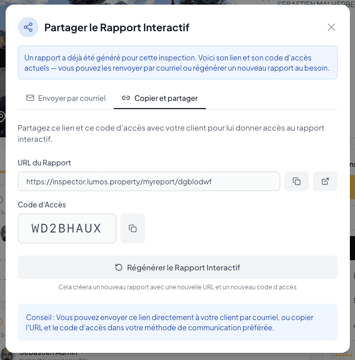 Copy and share tab with URL, access code, and the Regenerate button