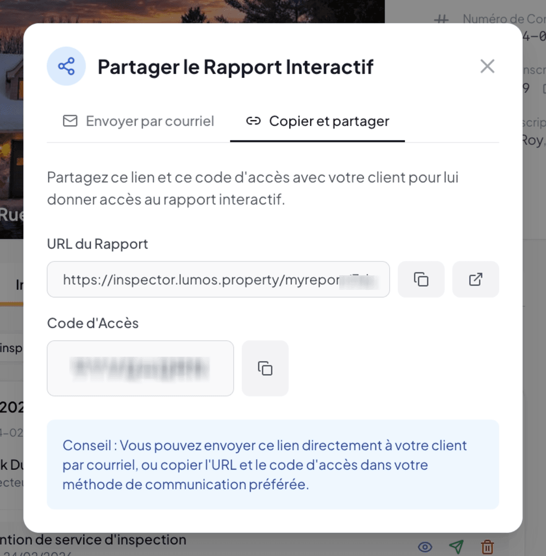Copy and share mode with URL and access code to copy