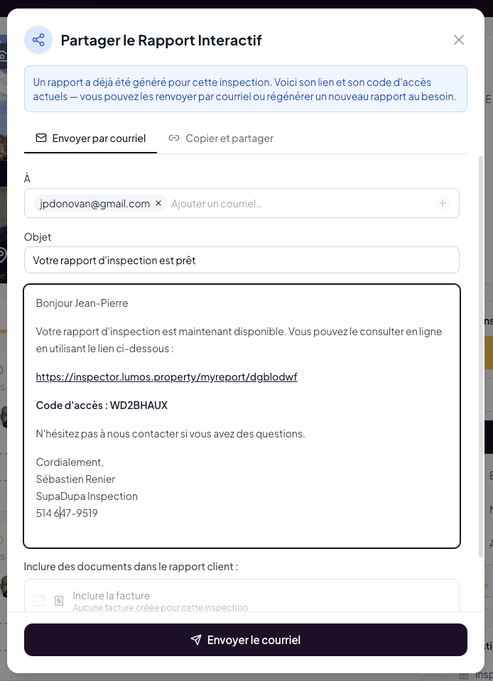 Send by email tab with recipient chips, pre-filled message, and the included-documents checklist