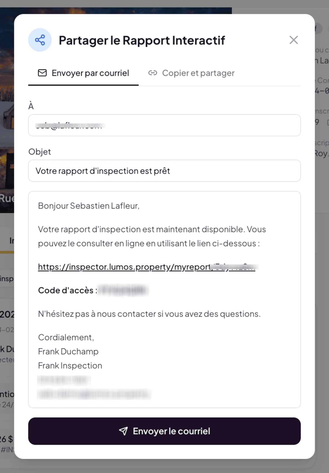 Share Interactive Report modal in email mode with To, Subject, and pre-filled body