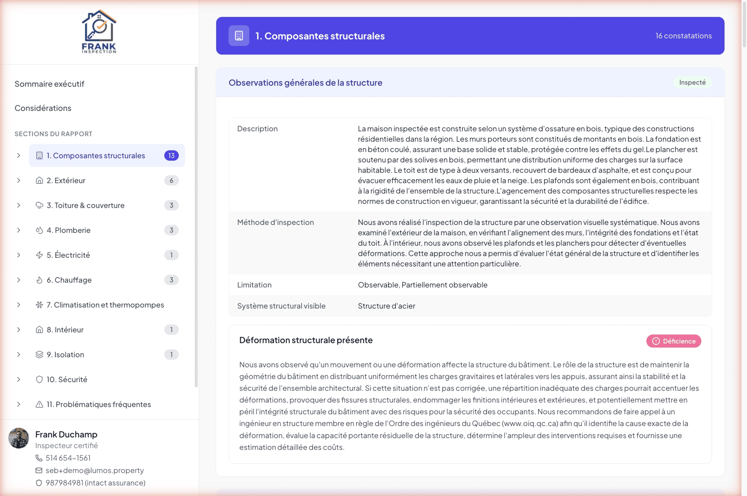 Building section page with subsections, narratives ranked by severity, and zoomable photos