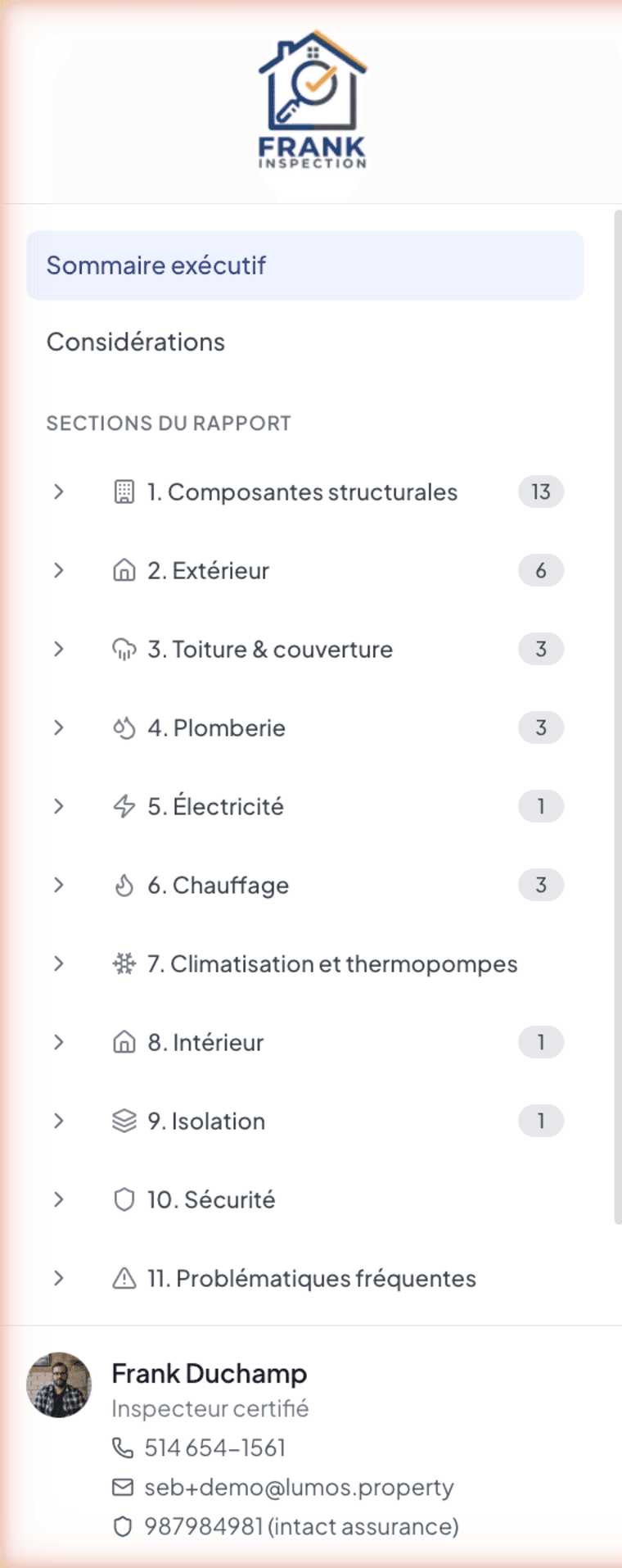 Interactive report navigation sidebar with table of contents and inspector card