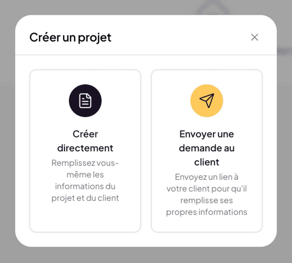 Creation choice modal: Create directly or Send a request to the client