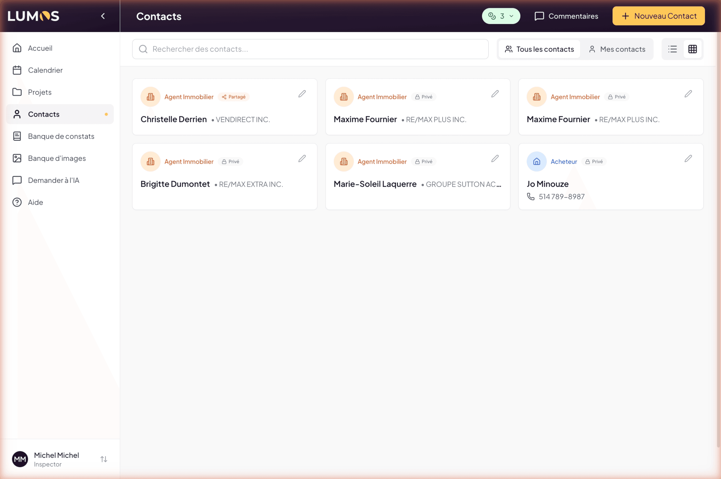 Contacts list in grid view with type and privacy badges