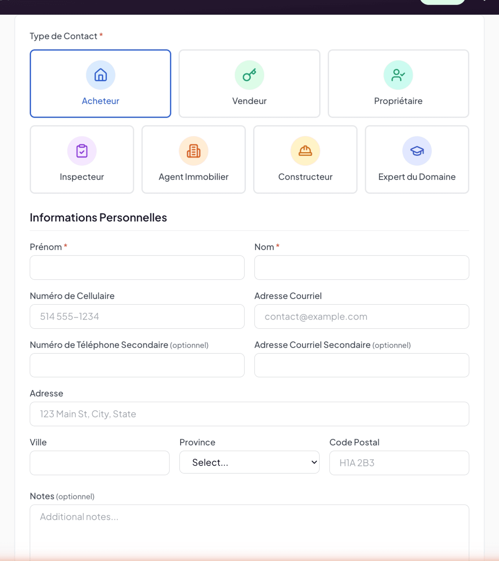 New Contact page with 7 type cards