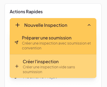 Quick Actions panel with New Inspection dropdown open