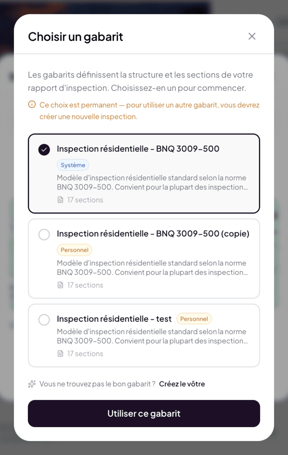 Choose a template modal with System and Personal categories