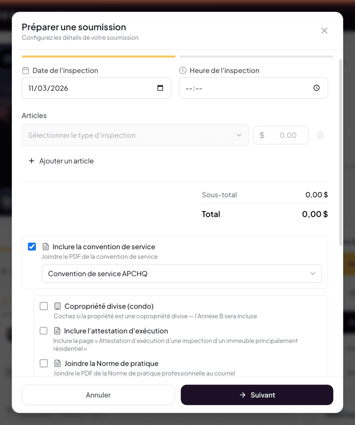 Prepare a quote modal with Date/Time, Items and agreement options