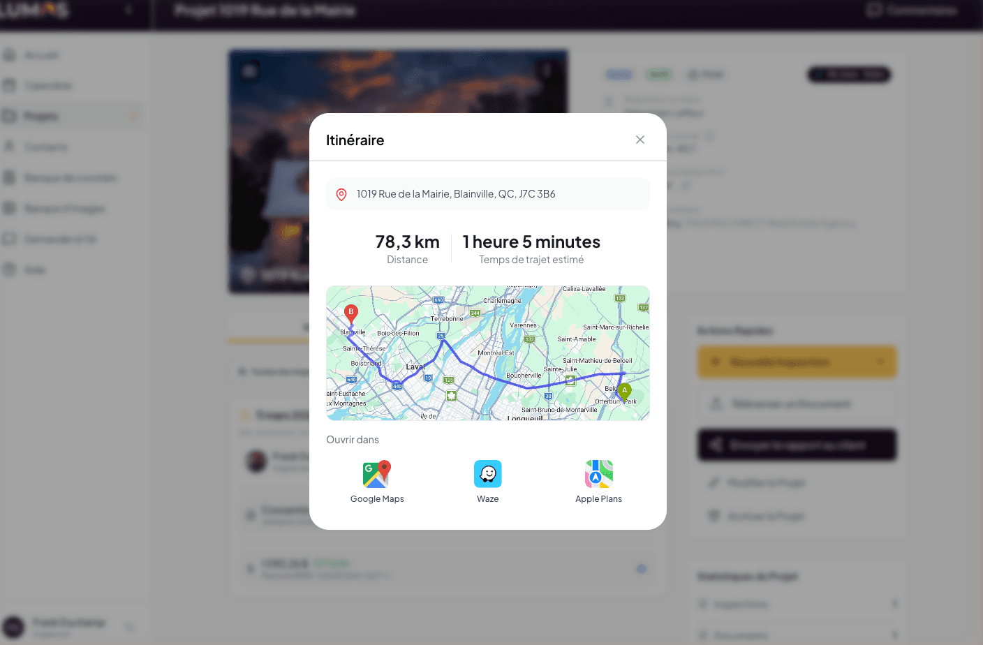 Calendar map view with geolocated inspection pins