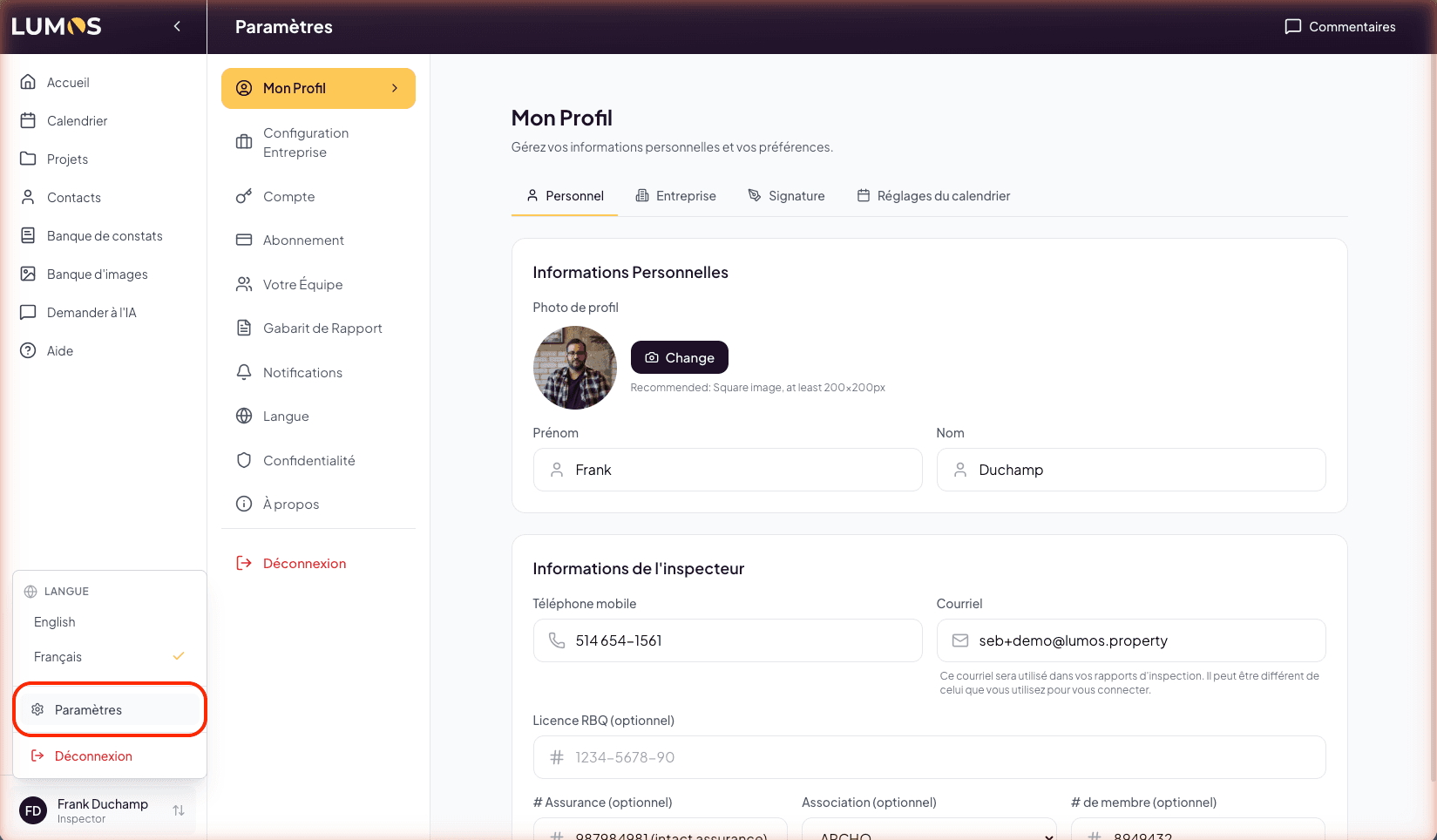 Settings page with the sub-navigation on the left and My Profile content