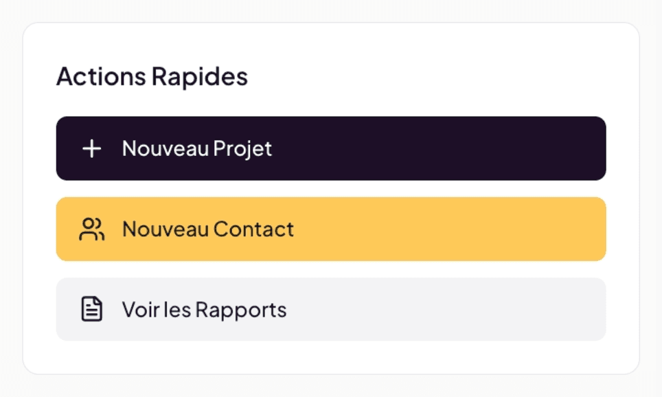 Quick Actions panel with its 3 buttons (New Project, New Contact, View Reports)