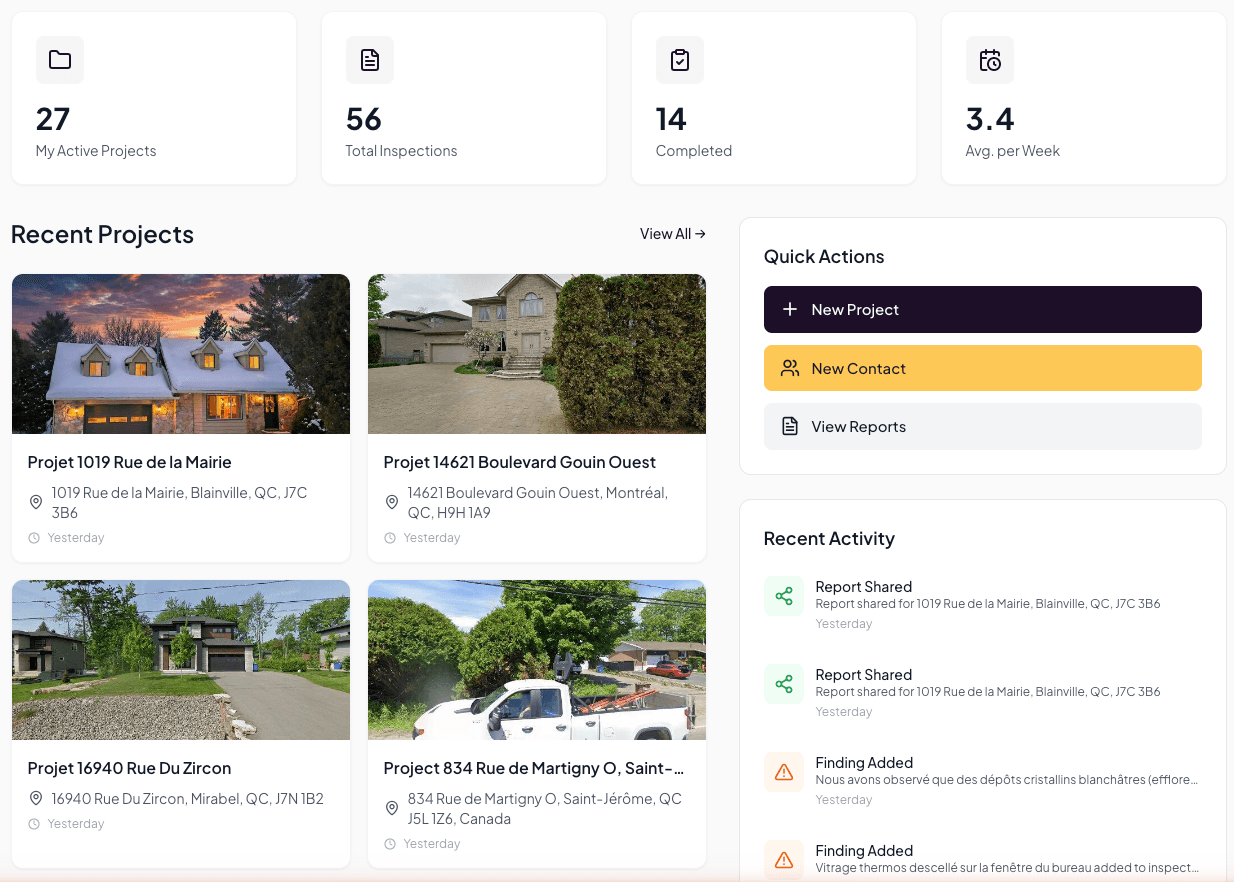 Lumos dashboard with statistics, recent projects, and activity panels