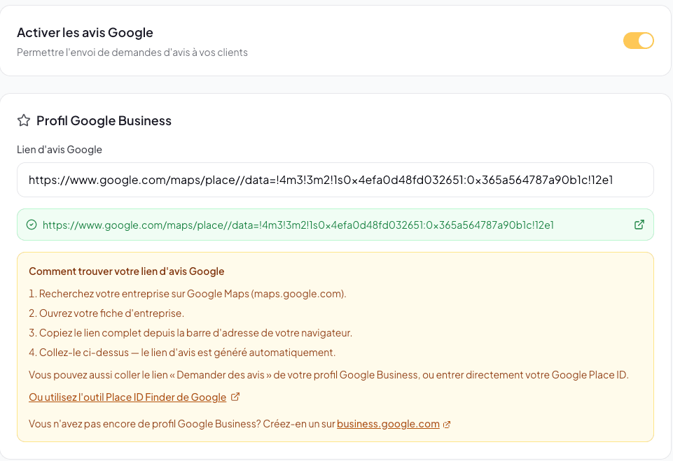 Google review link field with the generated final link in the green box and the instructions