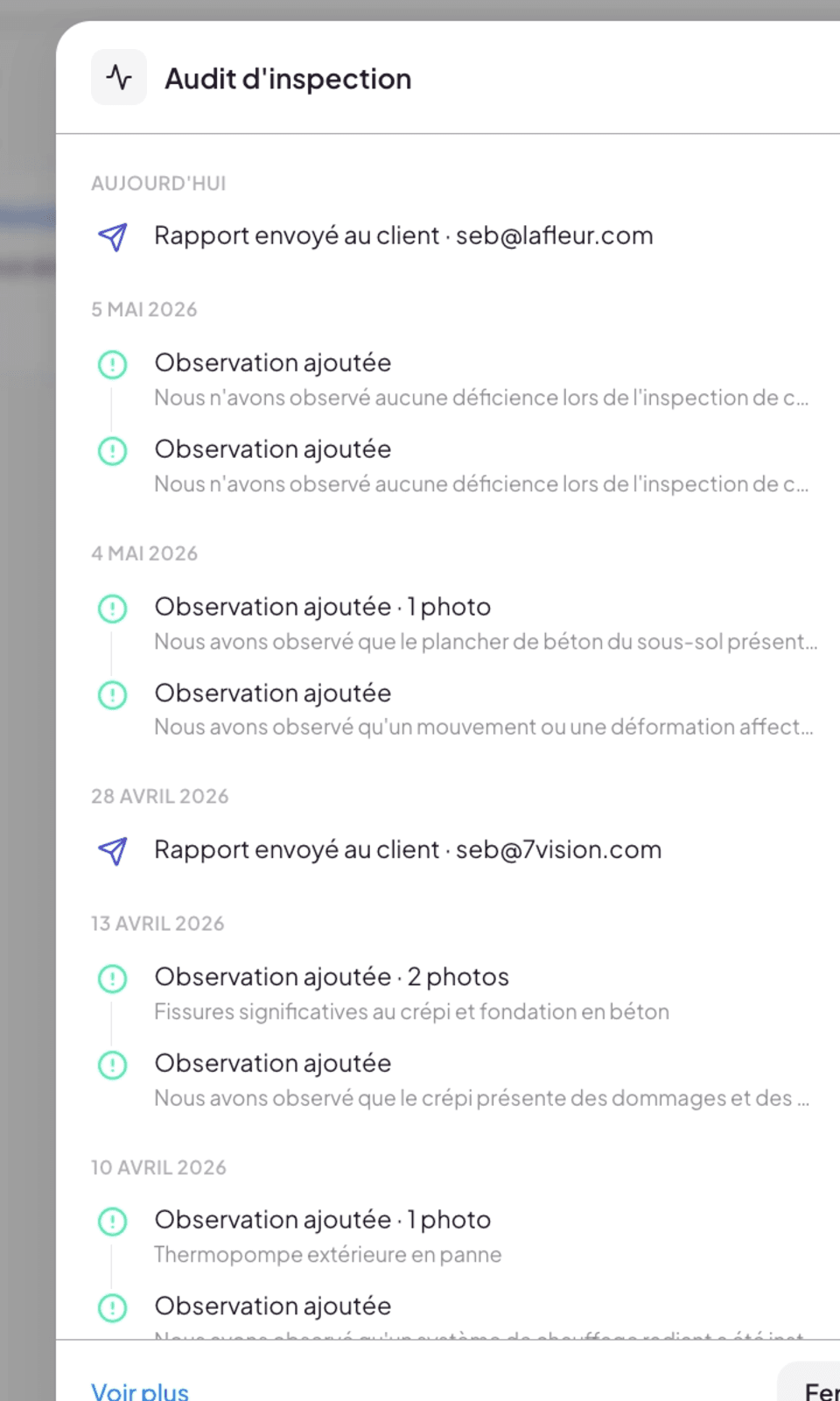 Inspection audit modal with chronological timeline grouped by day