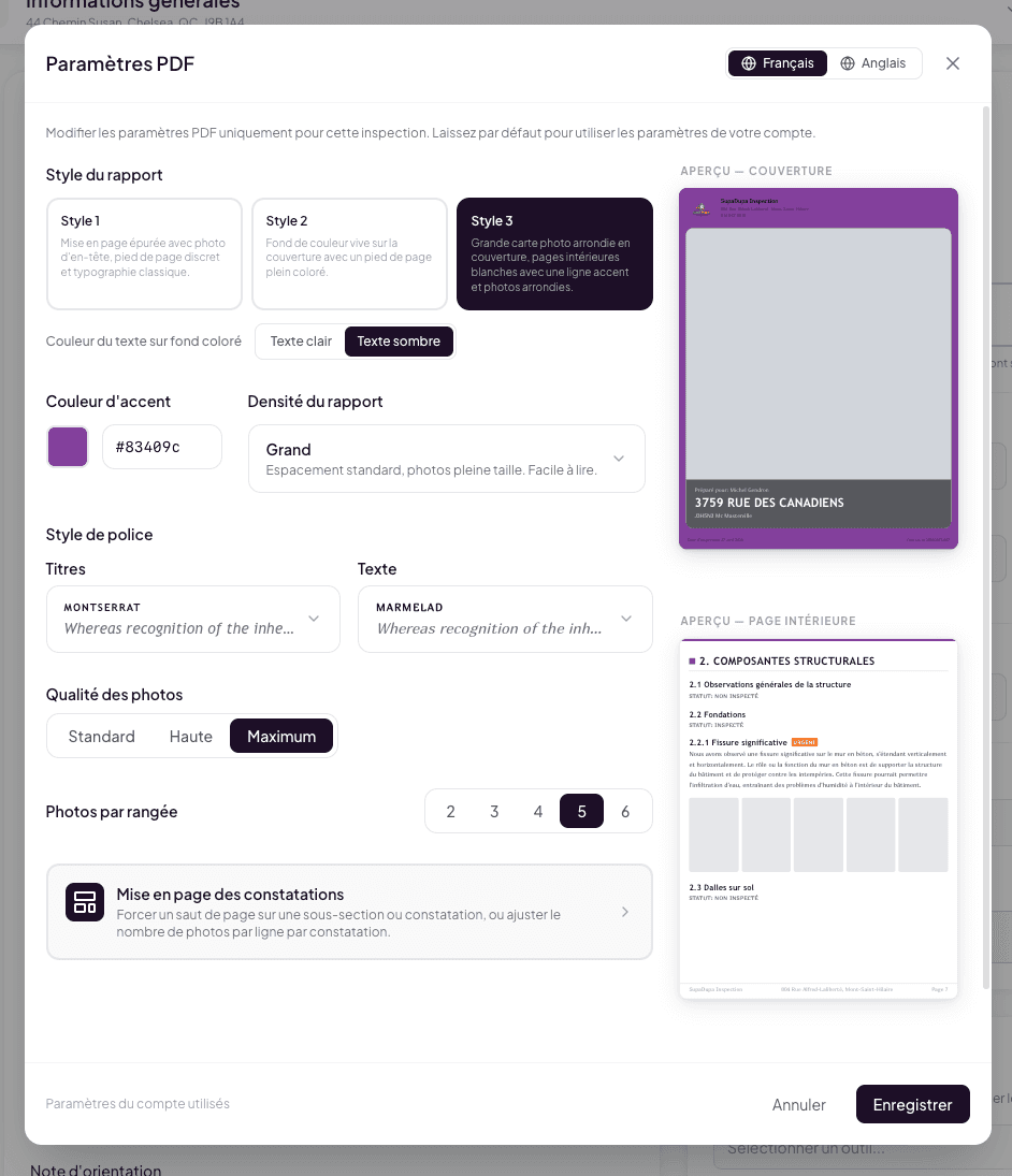 PDF Settings modal with density, photos per row, and font