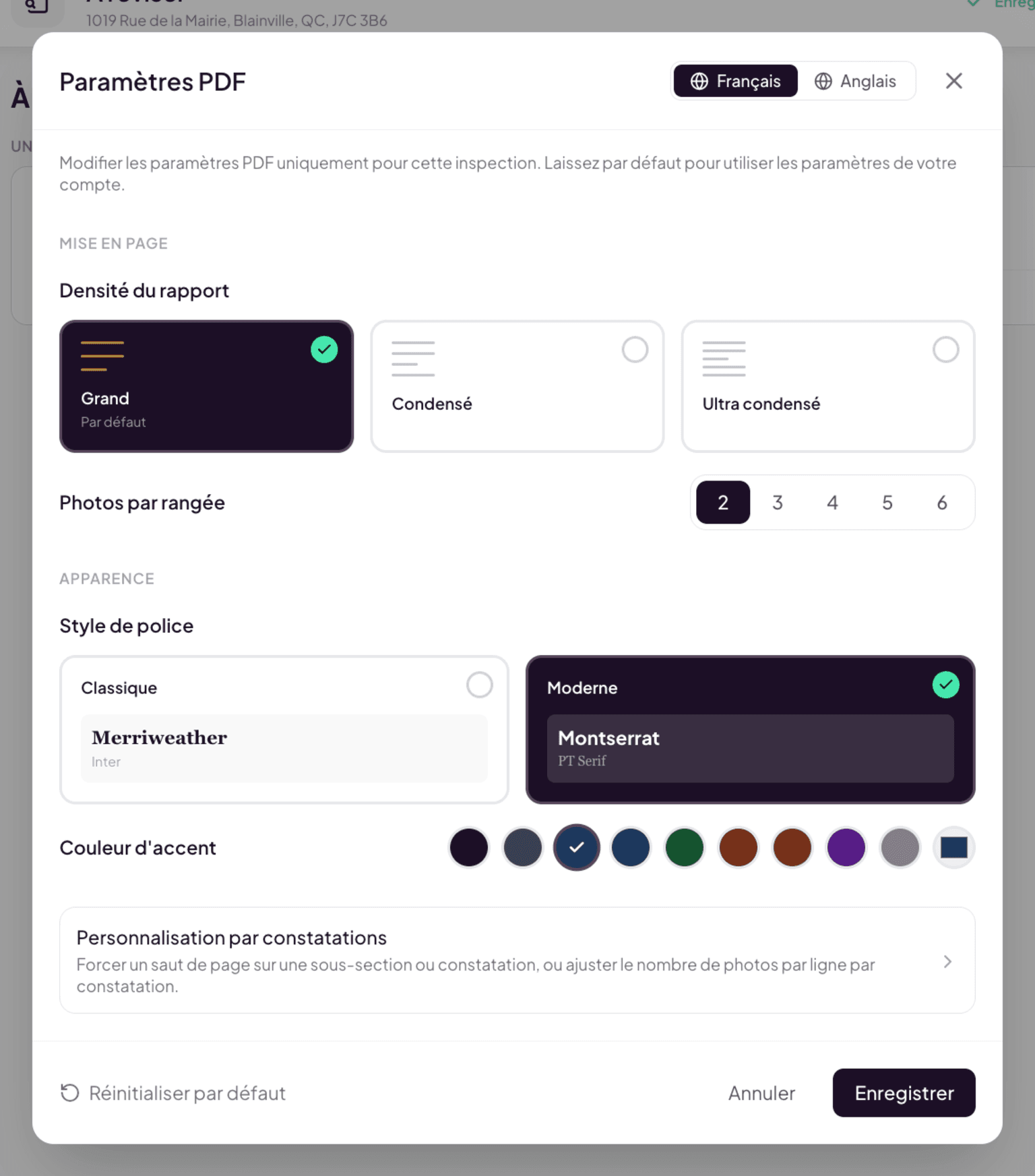 PDF Settings modal with density, photos per row, and font