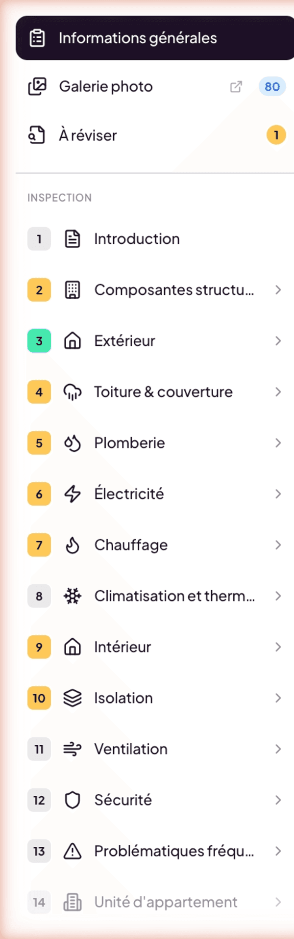 Left sidebar expanded with section tree and counters