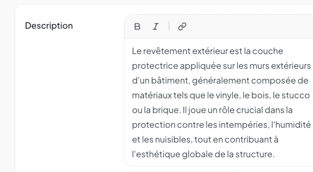 Document subsection rich text editor with toolbar and FR/EN toggle