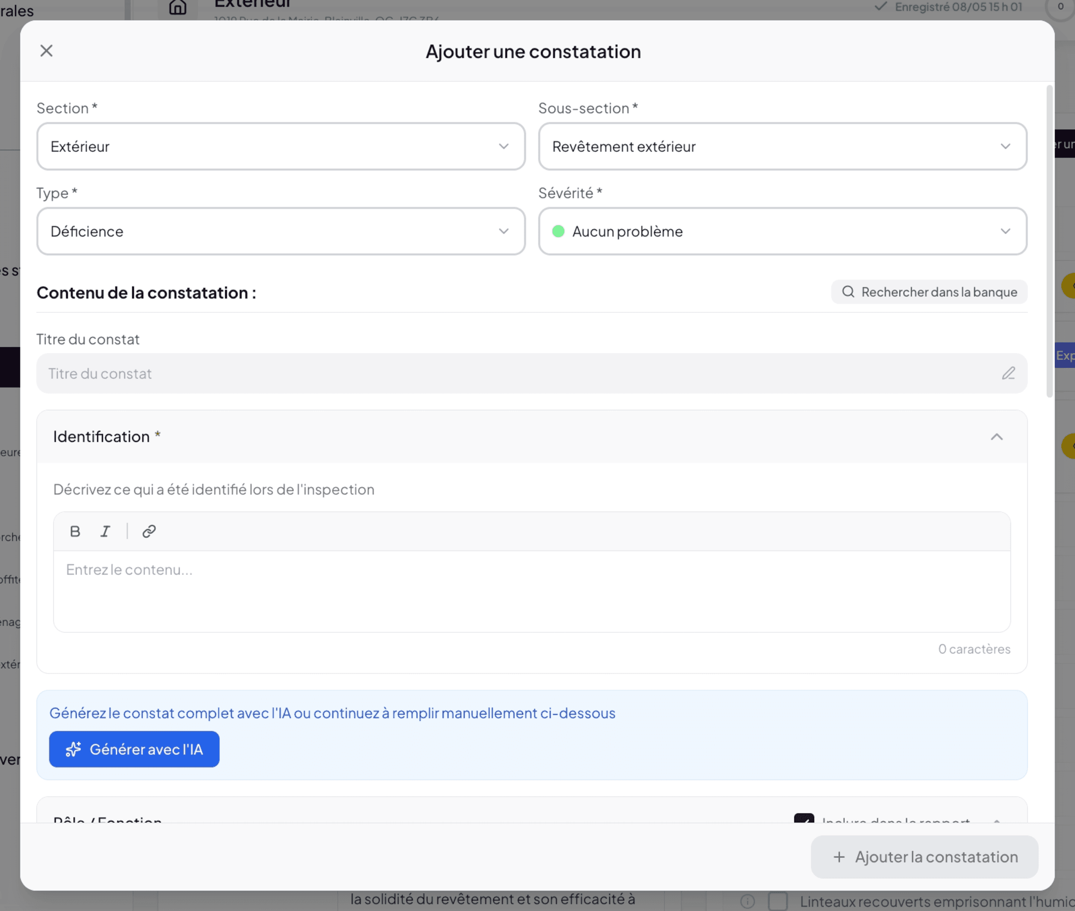 Add a narrative modal with header and 4 structured panels