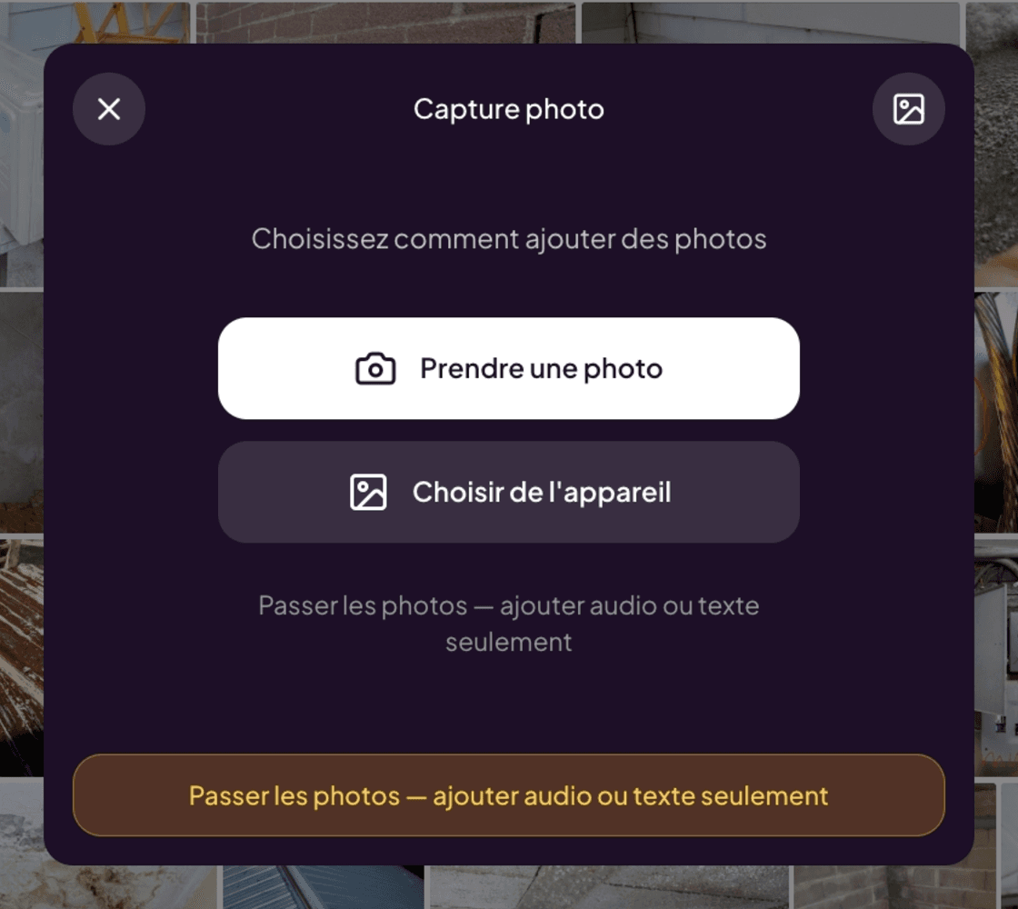 Photo capture modal opened with its three modes (Take a photo / Choose from device / Skip photos)