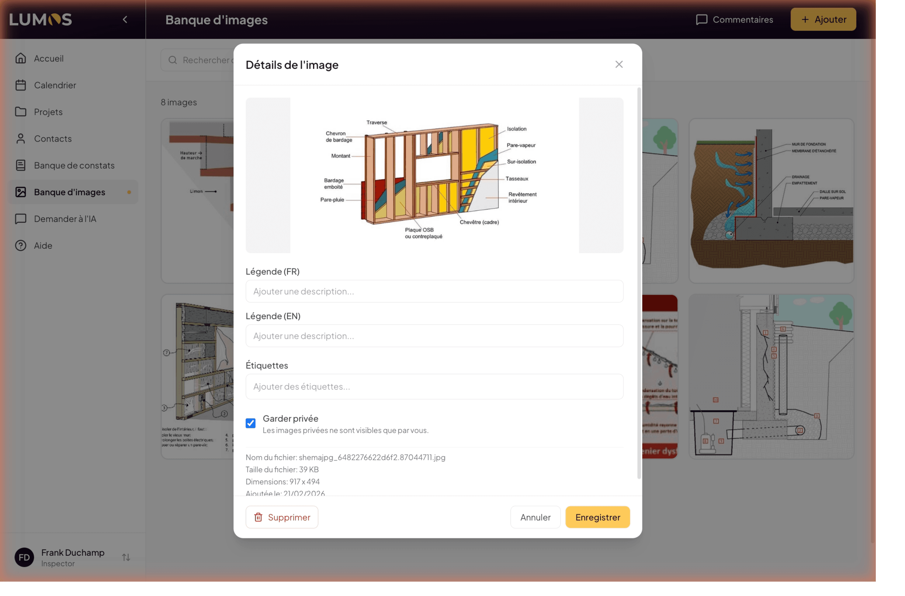 Image Details modal with preview, metadata fields, and visibility options