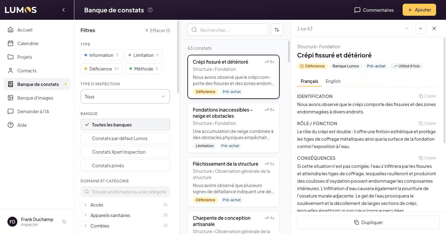 Narrative bank — filters on the left, list in the middle and the narrative fiche on the right