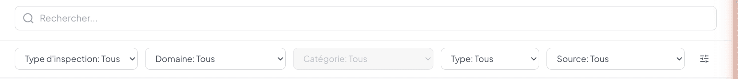 Barre de filtres de la banque (Type d'inspection, Domaine, Catégorie, Type, Source)
