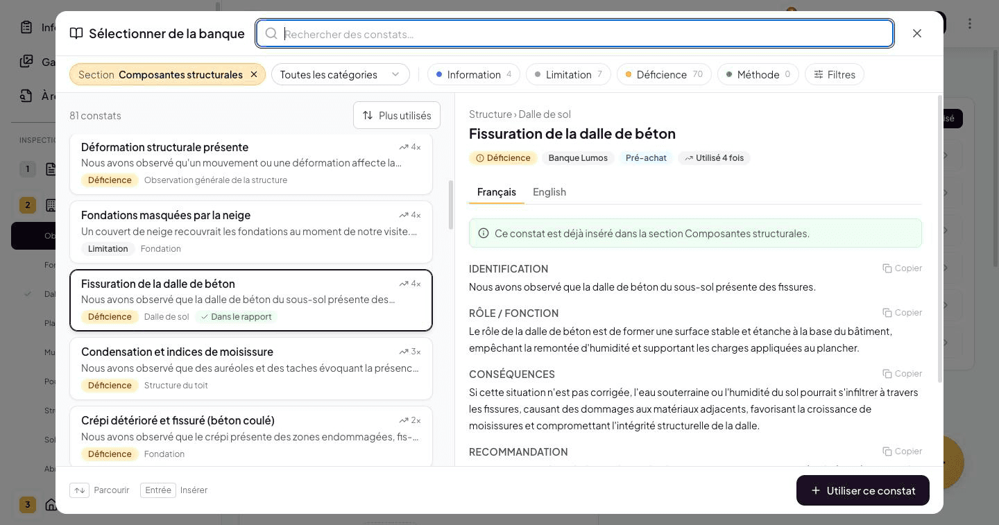 Select from the bank window: Structural components Section chip, narrative list and preview with the “already in the section” banner