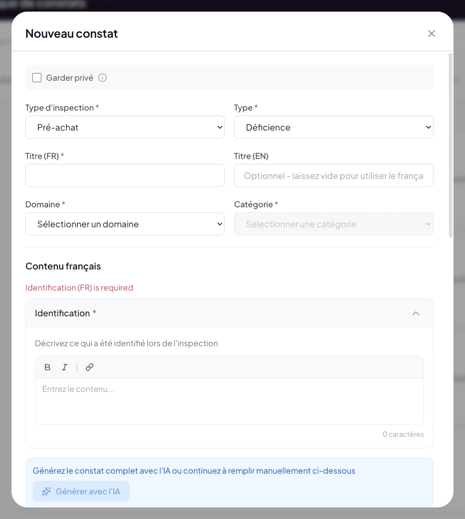 Narrative creation modal with its fields (Section, Subsection, Title, BNQ parts)